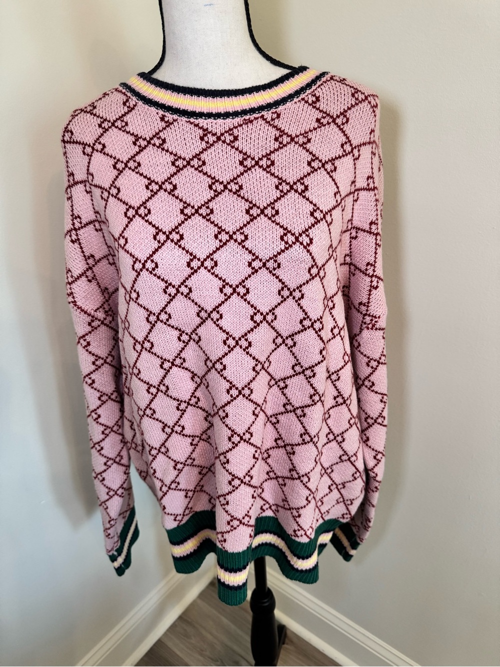 Women's Pink Patterned Crewneck Sweater with Stripe Trim